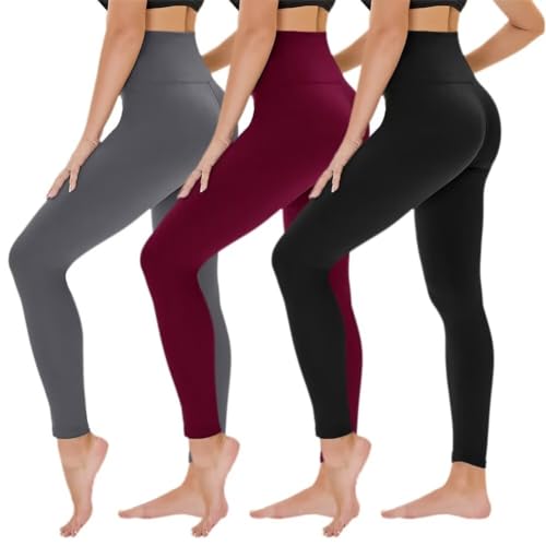 TNNZEET 3er Pack Leggings Damen High Waist Schwarz Leggins Blickdicht für Sport Gym(Schwarz/Dunkelgrau/Weinrot,L-XL) von TNNZEET