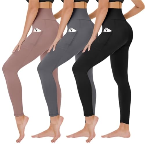 TNNZEET 3er Pack Leggings Damen High Waist Schwarz Leggins Blickdicht für Sport Gym(Schwarz/Dunkelgrau/Hautfarbe-mit Taschen,L-XL) von TNNZEET