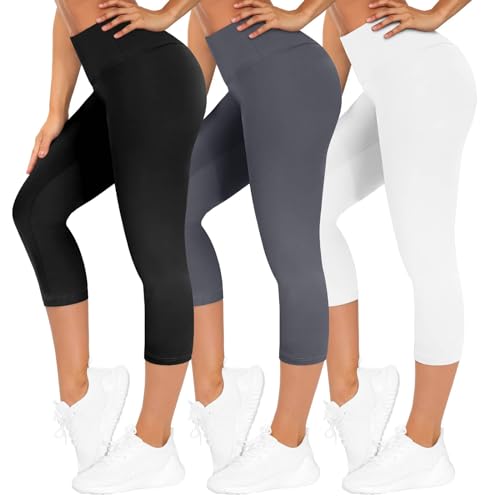 TNNZEET 3er Pack Capri Leggings Damen 3/4 für Sport, 7/8 Leggins High Waist Sporthose für Gym(Schwarz/Dunkelgrau/Weiß,L-XL) von TNNZEET