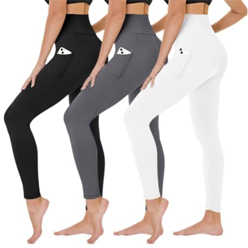 TNNZEET 3er Pack Leggings Damen High Waist Schwarz Leggins Blickdicht für Sport Gym(Schwarz/Dunkelgrau/Weiß-mit Taschen,S-M) von TNNZEET