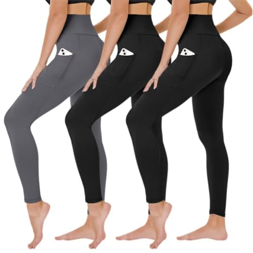 TNNZEET 3er Pack Leggings Damen High Waist Schwarz Leggins Blickdicht für Sport Gym(Schwarz/Schwarz/Dunkelgrau-mit Taschen,L-XL) von TNNZEET