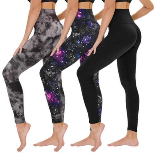 TNNZEET 3er Pack Leggings Damen High Waist Schwarz Leggins Blickdicht für Sport Gym (Schwarz/Galaxie/Schwarz Tie-dye,2XL) von TNNZEET