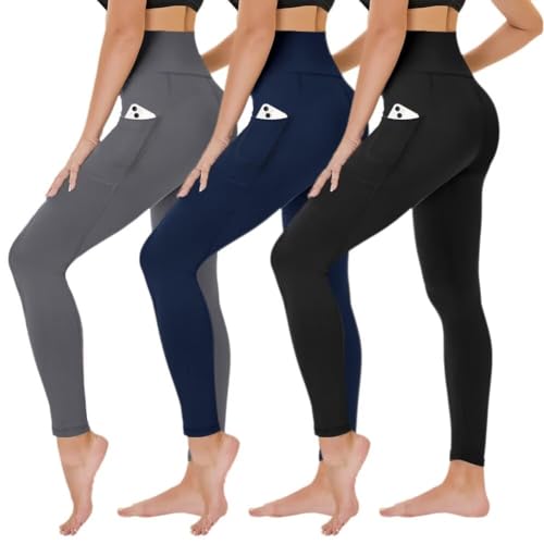 TNNZEET 3er Pack Leggings Damen High Waist Schwarz Leggins Blickdicht für Sport Gym(Schwarz/Dunkelgrau/Marineblau-mit Taschen,L/XL) von TNNZEET