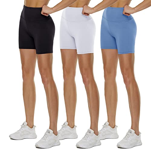 TNNZEET 3er Pack Radlerhose Damen High Waist Shorts Blickdicht Kurze Sporthose Leggings für Sport(Hellblau/Schwarz/Weiß, L-XL) von TNNZEET