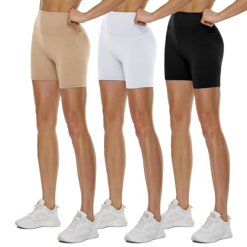 TNNZEET 3er Pack Radlerhose Damen High Waist Shorts Blickdicht Kurze Sporthose Leggings für Sport(Schwarz/Weiß/Beige, L-XL) von TNNZEET