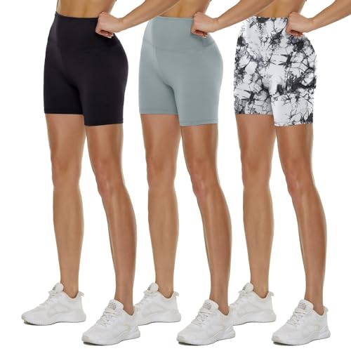 TNNZEET 3er Pack Radlerhose Damen High Waist Sommer Shorts Blickdicht Kurze Sporthose Leggings Hotpants Unter Kleider für Sport Yoga(Schwarz/Hellgrau/Weiße Tie-Dye, S-M) von TNNZEET