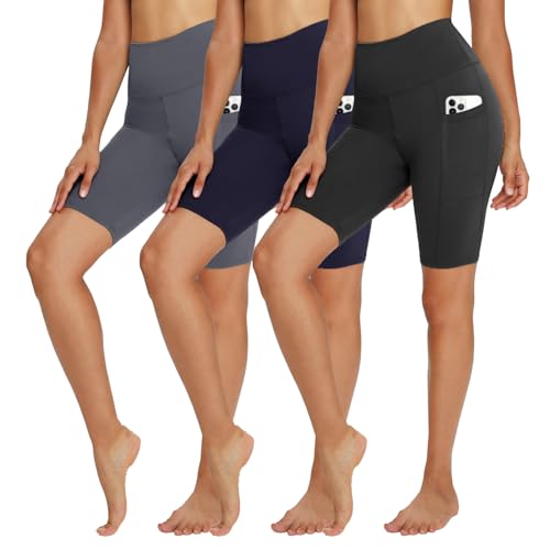 TNNZEET 3er Pack Radlerhose Damen High Waist Shorts Kurze Sporthose Blickdicht Sommer Leggings Unter Kleider für Sport Yoga,Dunkelgrau/Marineblau/Schwarz-mit Taschen,L-XL von TNNZEET