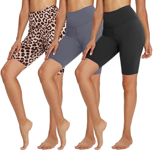 TNNZEET 3er Pack Radlerhose Damen High Waist Shorts Kurze Sporthose Blickdicht Sommer Leggings Unter Kleider für Sport Yoga,Schwarz/Dunkelgrau/Leopard,XXL von TNNZEET