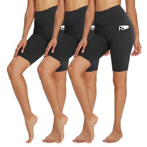TNNZEET 3er Pack Radlerhose Damen High Waist Shorts Kurze Sporthose Blickdicht Sommer Leggings Unter Kleider für Sport Yoga,Schwarz/Schwarz/Schwarz-mit Taschen,L-XL von TNNZEET