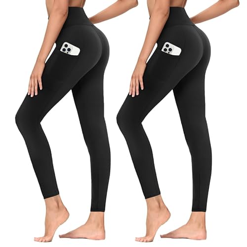 TNNZEET Leggings Damen High Waist mit Taschen Sporthose Blickdicht Sportleggins Lang Weiche Yogahose Elastische Hosen Sport Gym Laufhose(Schwarz*2,L-XL) von TNNZEET