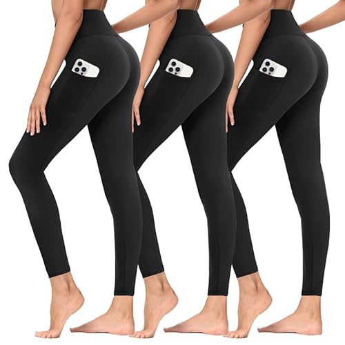 TNNZEET Leggings Damen High Waist mit Taschen Sporthose Blickdicht Sportleggins Lang Weiche Yogahose Elastische Hosen Sport Gym Laufhose(Schwarz*3,XXL) von TNNZEET