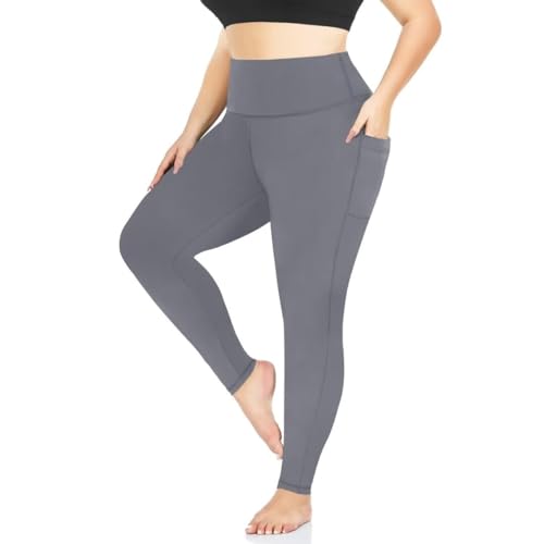 TNNZEET Leggings Große Größen Damen mit Taschen, High Waist Schwarz Plus Size Leggins für Sport Gym(Dunkelgrau,3XL) von TNNZEET