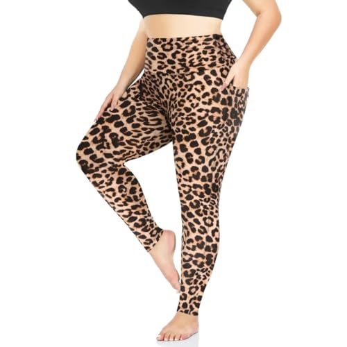 TNNZEET Leggings Große Größen Damen mit Taschen, High Waist Schwarz Plus Size Leggins für Sport Gym(Leopard,3XL) von TNNZEET