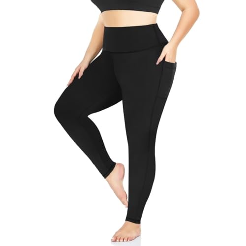 TNNZEET Leggings Große Größen Damen mit Taschen, High Waist Schwarz Plus Size Leggins für Sport Gym(Schwarz,3XL) von TNNZEET