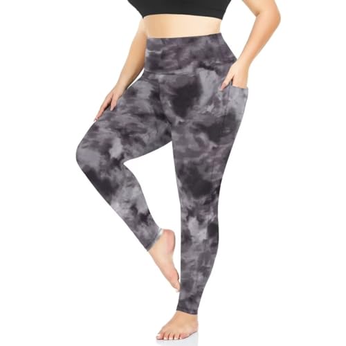 TNNZEET Leggings Große Größen Damen mit Taschen, High Waist Schwarz Plus Size Leggins für Sport Gym(Schwarz Tie-dye,3XL) von TNNZEET