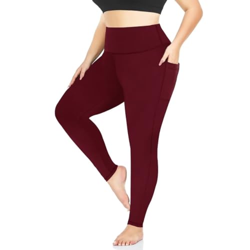 TNNZEET Leggings Große Größen Damen mit Taschen, High Waist Schwarz Plus Size Leggins für Sport Gym(Weinrotu,3XL) von TNNZEET