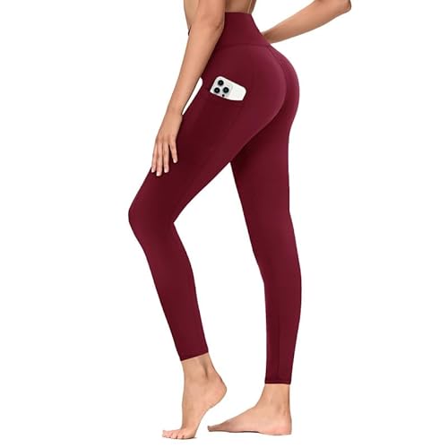 TNNZEET Leggings Damen High Waist mit Taschen Sporthose Blickdicht Sportleggins Lang Weiche Yogahose Elastische Hosen Sport Gym Laufhose(Weinrotu,XXL) von TNNZEET