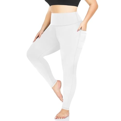 TNNZEET Leggings Große Größen Damen mit Taschen, High Waist Schwarz Plus Size Leggins für Sport Gym(Weiß,3XL) von TNNZEET