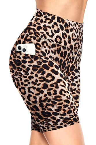 TNNZEET Radlerhose Damen Hohe Taille Kurze Sporthose Blickdicht Shorts für Yoga Gym (Leopard-mit Taschen,L-XL) von TNNZEET