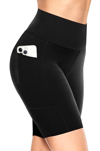 TNNZEET Radlerhose Damen Hohe Taille Kurze Sporthose Blickdicht Shorts für Yoga Gym (Schwarz-mit Taschen,L-XL) von TNNZEET