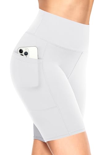 TNNZEET Radlerhose Damen Hohe Taille Kurze Sporthose Blickdicht Shorts für Yoga Gym (Weiß-mit Taschen,S-M) von TNNZEET