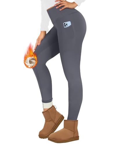 TNNZEET Thermo Leggings Damen mit Taschen Gefüttert Thermoleggings High Waist Thermohose Fleece Warm Blickdicht Leggins im Winter (Dunkelgrau,XL) von TNNZEET