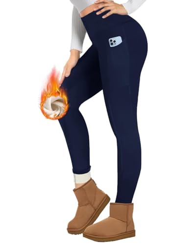 TNNZEET Thermo Leggings Damen mit Taschen Gefüttert Thermoleggings High Waist Thermohose Fleece Warm Blickdicht Leggins im Winter (Marineblau,L) von TNNZEET