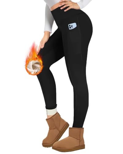 TNNZEET Thermo Leggings Damen mit Taschen Gefüttert Thermoleggings High Waist Thermohose Fleece Warm Blickdicht Leggins im Winter (Schwarz,M) von TNNZEET