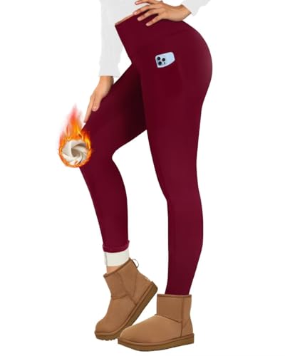 TNNZEET Thermo Leggings Damen mit Taschen Gefüttert Thermoleggings High Waist Thermohose Fleece Warm Blickdicht Leggins im Winter (Weinrot,XL) von TNNZEET