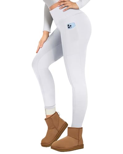 TNNZEET Thermo Leggings Damen mit Taschen Gefüttert Thermoleggings High Waist Thermohose Fleece Warm Blickdicht Leggins im Winter (Weiß,L) von TNNZEET