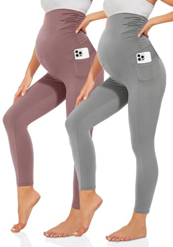 TNNZEET Umstandsleggings Damen Blickdicht Schwangerschaft Leggings Lang mit Taschen für Yoga(Hautfarbe/Hellgrau,M) von TNNZEET