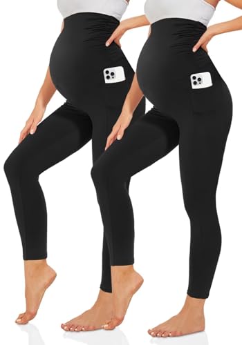 TNNZEET Umstandsleggings Damen Blickdicht Schwangerschaft Leggings Lang mit Taschen für Yoga(Schwarz*2,L) von TNNZEET