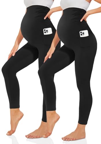 TNNZEET Umstandsleggings Damen Blickdicht Schwangerschaft Leggings Lang mit Taschen für Yoga(Schwarz*2,S) von TNNZEET