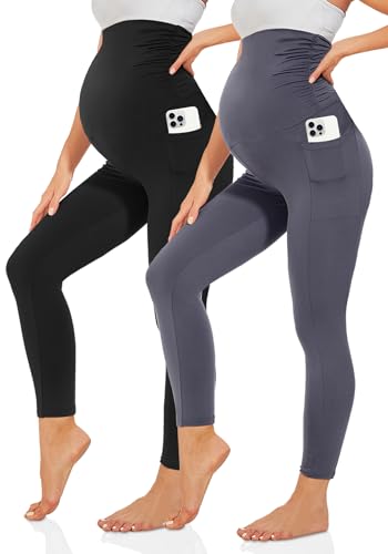 TNNZEET Umstandsleggings Damen Blickdicht Schwangerschaft Leggings Lang mit Taschen für Yoga(Schwarz/Dunkelgrau,L) von TNNZEET