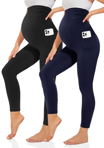 TNNZEET Umstandsleggings Damen Blickdicht Schwangerschaft Leggings Lang mit Taschen für Yoga(Schwarz/Marineblau,M) von TNNZEET