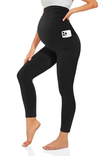 TNNZEET Umstandsleggings Damen Blickdicht Schwangerschaft Leggings Lang mit Taschen für Yoga(Schwarz,S) von TNNZEET