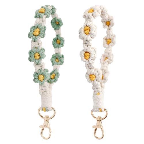 TNSLAND 2 Stück Boho Keychain Aesthetic Makramee Schlüsselanhänger - Cute Gänseblümchen Armband Auto Geflochten für Frauen Tasche Anhänger - Damen und Mädchen Weiß+Grün von TNSLAND
