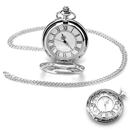 TNSLAND Vintage Taschenuhr Glatte Quarz Taschenuhr mit Kette, Antik Kettenuhr mit Arabischen Ziffern, Silber Retro Taschenuhren für Herren, Pocket Watch für Damen Herren Vater Opa Geburtstag Jahrestag von TNSLAND