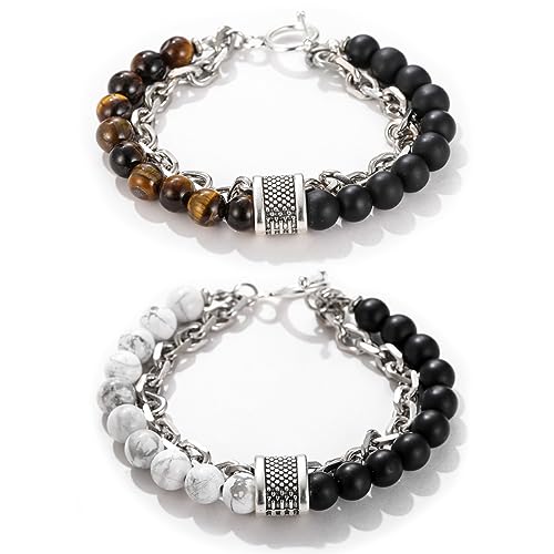 TNSRAY 2 Stück Armband für Herren, Tigerauge Armband für Männer Frauen Naturstein Armband Yoga Perlen Achat Elastische Armbänder Herren Armbänder Set Geburtstagsgeschenk für Männer von TNSRAY