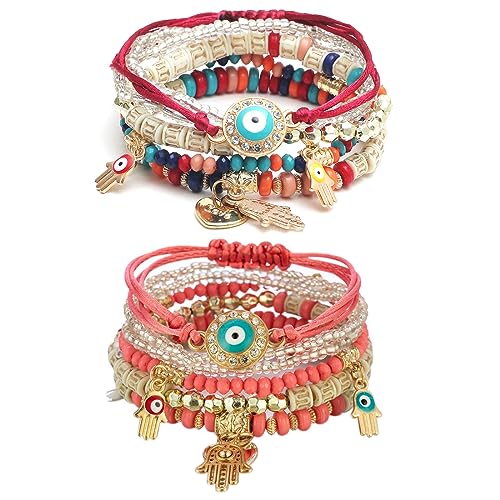 TNSRAY Boho-Armband für Damen, Bohemian Bead Armbänder Set, Mehrschichtiges Armband Set,mehrschichtiges Stretch-Quasten-Armband-Set, Teufelsauge-Charm, Glücksarmband Geschenke für Damen Mädchen,Mutter von TNSRAY