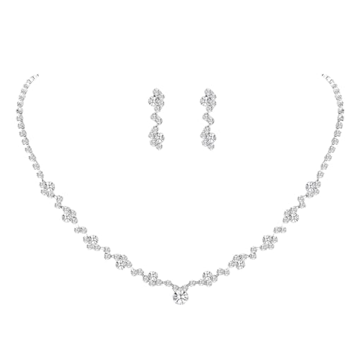 TNSRAY Braut Hochzeit Halskette Ohrringe Set, Brautschmuck Schmuck Hochzeit Set Silber Hochzeitsschmuck Braut Strass Kristall Halskette Armband Anhänger Ohrring Set Hochzeit, Silber Braut Choker von TNSRAY