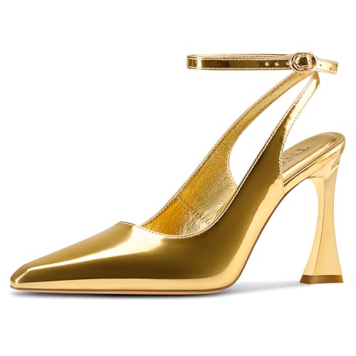 TNYNFBEB Chunky Block High Heel Square Toe Pumps Knöchelriemen Slingback Schnalle Abschlussball Hochzeitskleid Basic Classic Lackleder 9,4 cm Absatz, Gold, 38.5 EU von TNYNFBEB