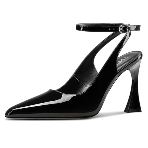 TNYNFBEB Chunky Block High Heel Square Toe Pumps Knöchelriemen Slingback Schnalle Abschlussball Hochzeitskleid Basic Classic Lackleder 9,4 cm Absatz, Schwarz, 38 EU von TNYNFBEB