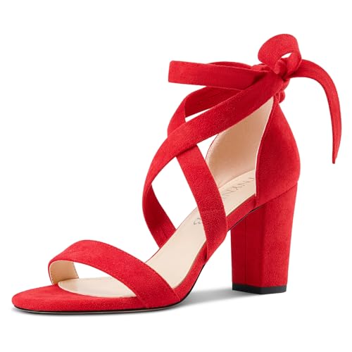 TNYNFBEB Damen-Sandalen, Blockabsatz, offener runder Zehenbereich, Knöchelriemen, Schnürung, Schleife, Abschlussball, Partykleid, 8,1 cm, Rot/Ausflug, einfarbig (Getaway Solids), 42 EU von TNYNFBEB