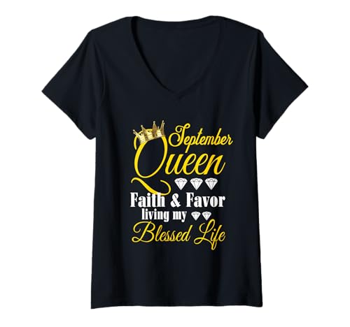 Damen September Queen Living My Blessed Life Geburtstag Leo-Jungfrau T-Shirt mit V-Ausschnitt Damen September Queen Living My Blessed Life Geburtstag Leo-Jungfrau T-Shirt mit V-Ausschnitt von TNine Birthday Funny
