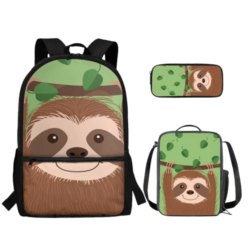 TOADDMOS 3-teiliger Rucksack für Jungen und Mädchen, mit Lunch-Tasche, Federmäppchen, Faultier-Muster, Rucksack, Rucksäcke von TOADDMOS
