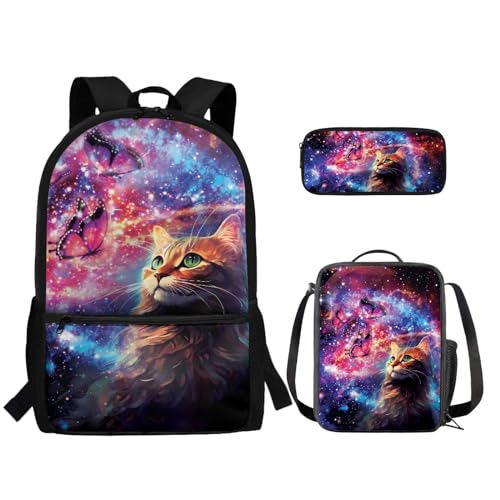 TOADDMOS 3-teiliger Rucksack für Jungen und Mädchen, mit Lunch-Tasche, Federmäppchen, Galaxy, Katze, Schmetterling, Rucksack, Rucksäcke von TOADDMOS