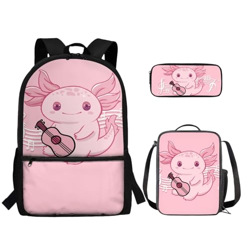 TOADDMOS 3-teiliger Rucksack für Jungen und Mädchen, mit Lunch-Tasche, Federmäppchen, Gitarre Axolotl, Rucksack, Rucksäcke von TOADDMOS