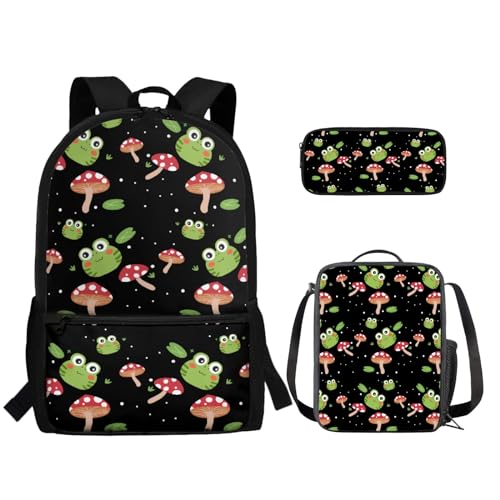 TOADDMOS 3-teiliger Rucksack für Jungen und Mädchen, mit Lunch-Tasche, Federmäppchen, Pilzfrosch, Rucksack, Rucksäcke von TOADDMOS