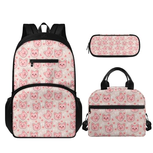 TOADDMOS 3-teiliges Kinder-Rucksack-Set für Mädchen und Jungen, Schultasche mit isoliertem Mittagessen, tragbar und Federmäppchen, Rosa, Schwein, Schulranzen-Set von TOADDMOS